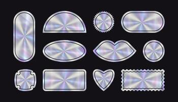 Holographic Empty geometric shape Sticker set. Hologram label in retro style with place text. Simple blank Tag with rainbow color. vector