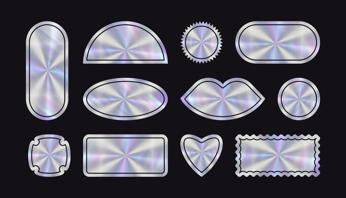 Holographic Empty geometric shape Sticker set. Hologram label in retro style with place text. Simple blank Tag with rainbow color.