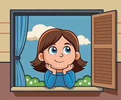 Cute cartoon girl looking out the window, enjoying a sunny day vector
