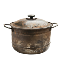 Old rusty pot with lid and handles rustic kitchenware, png