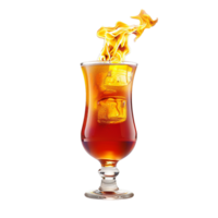 Flaming alcoholic beverage in hurricane glass with ice cubes png