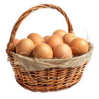 Brown eggs in a wicker basket rustic setting png