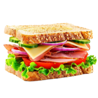 Delicious multi-layered sandwich with ham cheese lettuce tomato and cucumber on multigrain bread png