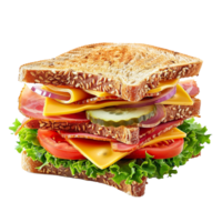 Delicious Multilayered Sandwich with Ham Cheese Lettuce Tomato and Pickles on Whole Wheat Bread png