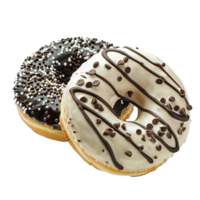 Delicious chocolate and vanilla donuts with sprinkles and chocolate chips png