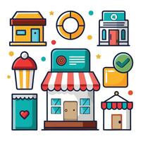 a set of icons that include a store, a coffee shop, and a lifeguard vector