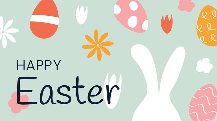 Happy Easter Doodle. Colored Eggs, white Bunny ears and Flowers. Greeting Card with text. Hand drawn spring holiday items. Buds, floral elements. Congratulations. Children images. illustration