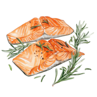 Watercolor Painting of Salmon Fillets with Rosemary png