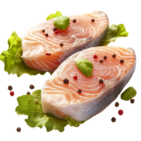 Two Raw Salmon Steaks with Peppercorns and Basil png