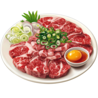 Raw Beef Slices Arranged with Vegetables and Egg Yolk png