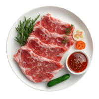 Raw marinated pork slices ready for grilling with vegetables and sauce png