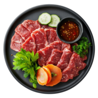 Raw beef slices arranged on a black plate with vegetables and sauce png