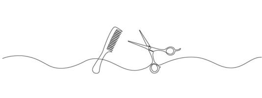 A simple drawing of scissors and comb as one continuous line for a modern symbol of a barber shop or salon. Editable stroke . Minimalistic illustration. vector