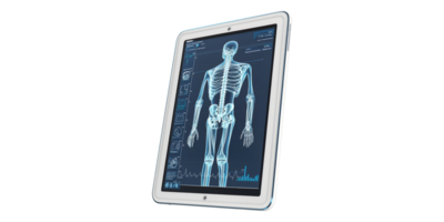 Digital tablet displaying human skeleton scan isolated on transparent background png