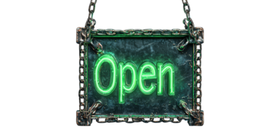 Neon green open sign hanging with chains isolated on transparent background png