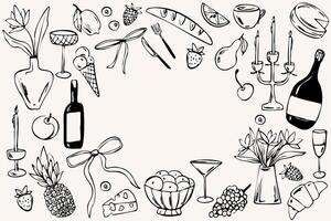 Hand drawn dinner frame with food drinks candles and flowers in line art whimsical style. Decorative elements in monochrome colors. Perfect for invitation, menu, greeting card, posters, prints vector