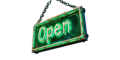 Green neon open sign with chains isolated on transparent background png