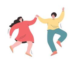 A couple of young happy people are dancing merrily. The guy and the girl are actively moving together, rejoicing. flat graphics. vector