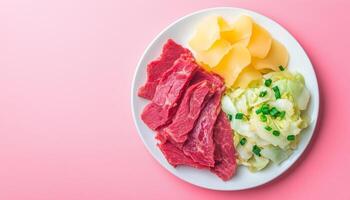 Fresh beef slice un cook with potato and cabbage on white plate photo