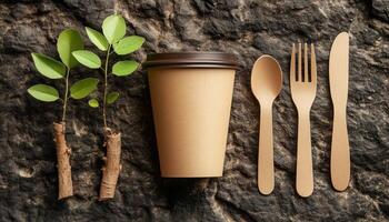 Paper cup waste package reuse for planting growing sprout tree and cutlery photo