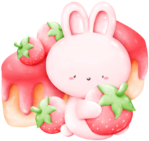 A little pink rabbit is sitting hugging a strawberry with a strawberry cake in the background. png