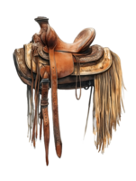 Vintage Western Saddle with Leather and Fringe Details png