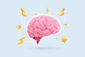 3D cartoon pink brain with lightning and bolts. Brainstorming, symbol of thinking, creativity, and mental energy. Brainstorm isolated illustration. vector