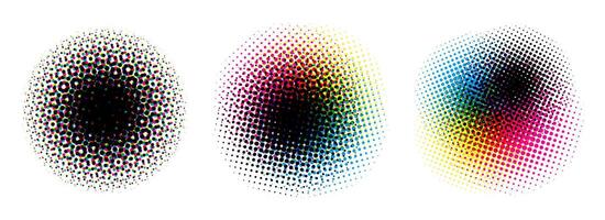 Halftone round background set. CMYK color dotted half tone shapes. Grunge ink press splash stains and blots. CMYK textured pixelated circle gradient collection. Print production glitch spot vector