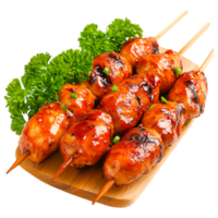 Grilled Chicken Skewers with Sauce and Fresh Greens png