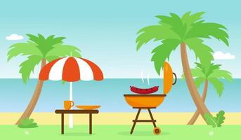 Barbecue and table near palms and beach. Time to summer barbecue or camping concept. vector