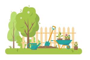 Gardening tools and trees in garden. Spring or summer banner, concept or background. vector
