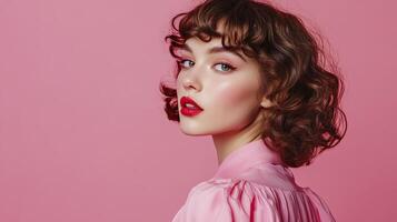 Beautiful young woman with curly hairstyle and red lips on pink background. photo