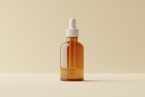 Glass dropper bottle with a pipette on a beige background. photo