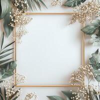 Frame made of tropical leaves and flowers on white background. photo