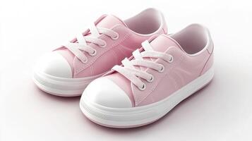 Pair of pink baby sneakers isolated on white background. photo