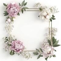 Frame made of pink peony flowers on white background. photo
