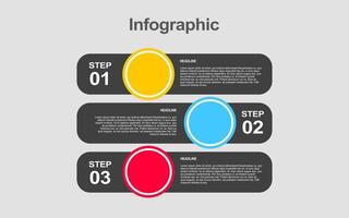 Three steps infographic presents colored circles text and headlines. vector
