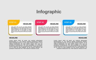 Three step infographic presents headlines and placeholder text. vector