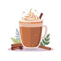 Warm beverage with whipped cream and cinnamon design in a cozy setting vector