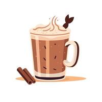 Creamy iced coffee in a glass with cinnamon sticks and decorative foam on top vector