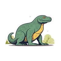 Colorful illustration of a friendly dinosaur relaxing in a grassy area during a sunny day vector