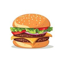 Delicious art of a classic cheeseburger stacked with lettuce, tomato, onion, and cheese on a sesame seed bun vector