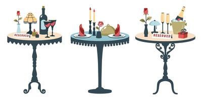 Set of reserved tables isolated on white background. Romantic dinner. Vintage tables with tableware. Festive table setting. Valentine template for holiday, party, dinner event. Table for two. vector