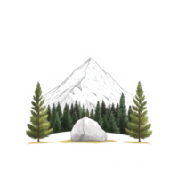A serene mountain scene with lush trees and a large rock under the majestic peak. png