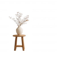 Elegant vase with dried flowers on a wooden stool for a minimalist decor. png