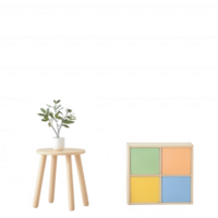 Minimalist decor with a plant on a stool and a colorful square frame for a modern touch. png