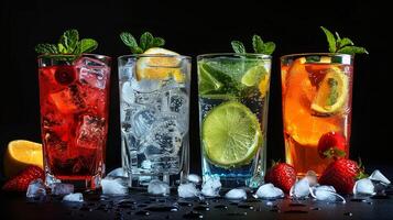 summer fresh drinks with ice collection in black background photo