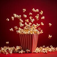 box of movie popcorn flying out with a red background with copy space photo