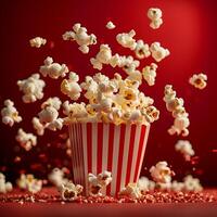 popcorn flying out the box with a red background with copy space photo