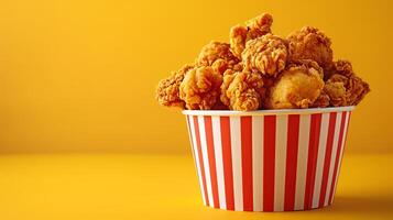 A bucket of fried chicken on yellow background with copy space photo